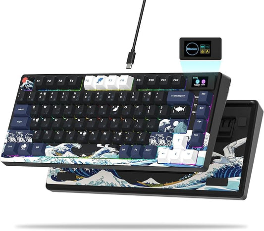 Womier S-K80 75% Keyboard with Color Multimedia Display Mechanical Gaming Keyboard, Hot Swappable Keyboard, Gasket Mount RGB Custom Keyboard, Pre-lubed Stabilizer for Mac/Win, Black Kanagawa Theme